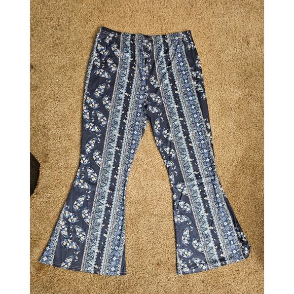 Blue & White Boho Festival Hippie Flare Pants Retro Stripe & Floral Print Sz XXL - Picture 2 of 8